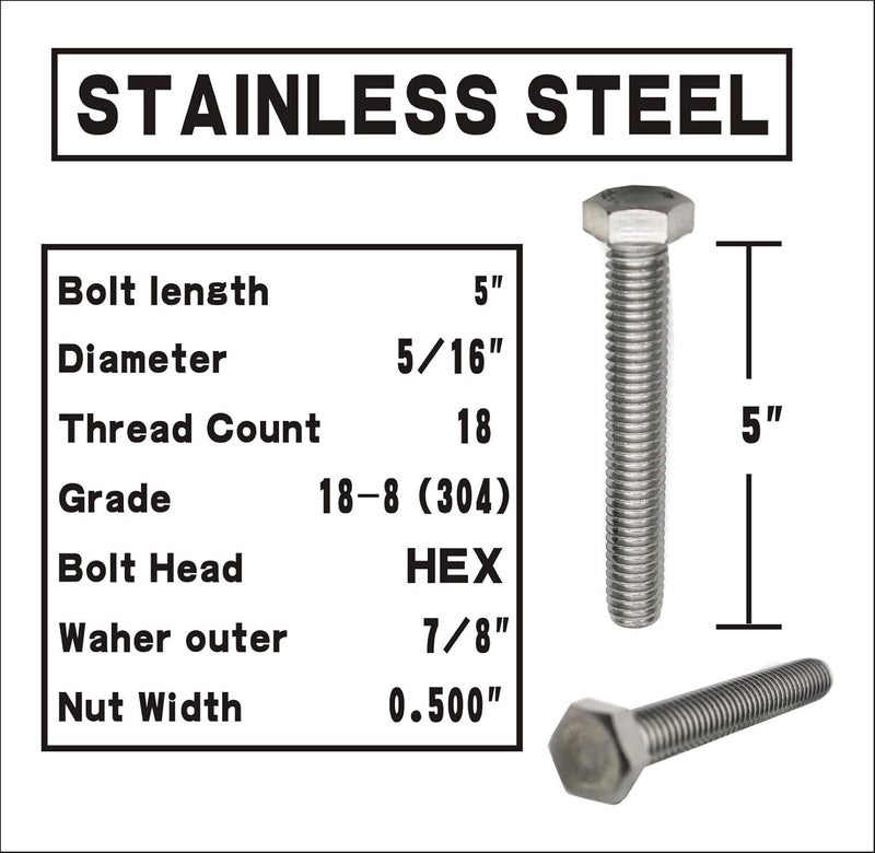Fullerkreg (5 Sets) 5/16-18x5 Stainless Steel Hex Head Screws Bolts, Nuts, Flat & Lock Washers, 18-8 (304) S/S, Fully Threaded by Bolt - Image 2